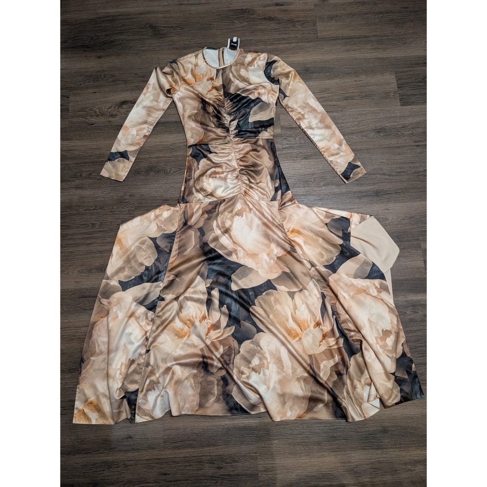 AKNVAS Floral Ruched Maxi Dress Brown Tan Long Sleeve Size 0 High Low Hem